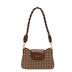 Vintage brown houndstooth underarm bag with woven leather strap and gold hardware
