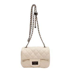 Elegant cream quilted crossbody bag with diamond patterns and metal chain strap