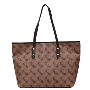 Brown large capacity tote bag with vintage carriage pattern and long shoulder straps