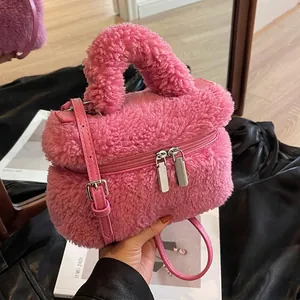Sac Seau en Peluche pour Femmes Sac à Main en Fausse Fourrure Bandoulière Automne Hiver Doux Chaud avec Bandoulière Cuir