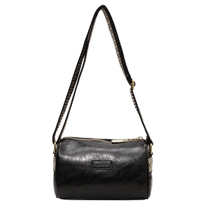 Classic black Boston pillow bag with woven wide strap and golden hardware accents