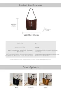Detailed chart showing bucket bag dimensions and three colors in black, coffee, and brown