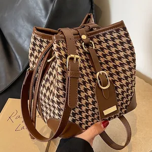 Vintage Houndstooth Bucket Bag For Women PU Leather Fabric Drawstring Crossbody Bag Gold Hardware Shoulder Bag For Daily Travel
