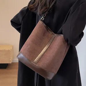 Vintage Suede PU Leather Stitching Bucket Bag Large Capacity Retro Crossbody Shoulder Bag For Women Autumn Winter Handbag
