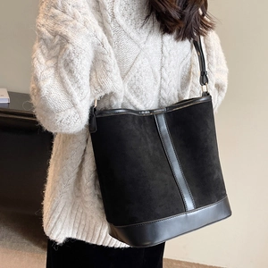 Large capacity black suede bucket bag with stylish leather patchwork and shoulder strap