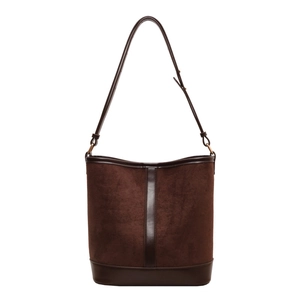 Retro large capacity dark brown suede bucket bag with leather trim and adjustable strap