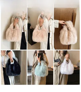 Collage of plush faux fur tote bags in beige, black, and white for winter fashion