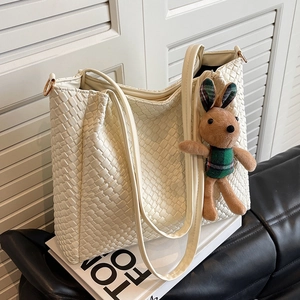 Large capacity off-white woven tote bag with shoulder straps and cute bunny charm