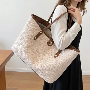 Grand Sac Cabas pour Femmes Texture Tissée Vintage en Cuir PU Sac à Épaule Décontracté Urbain Bureau Sac à Main avec Détail en Métal