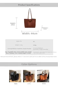 Size chart showing large PU leather tote bag dimensions for black, coffee, and brown colors