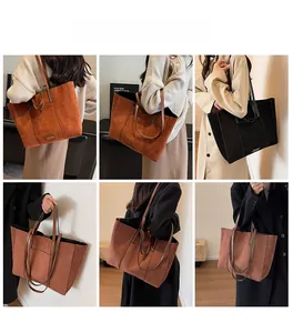 Collage of large matte tote bags in brown and black worn by a model for daily commute