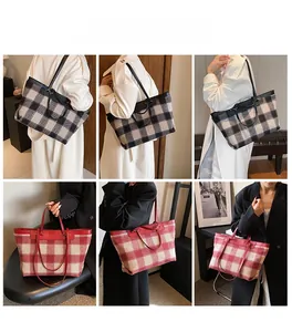 Detailed views of checkered tote bags in black and red tweed with leather handles