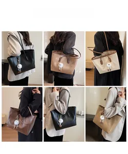 Collage of model wearing large tote bags in various colors with plush ball charm