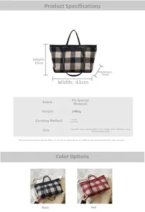 Detailed size specifications for large checkered canvas tote bag with dual handles