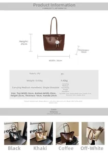 Detailed size specifications for a large capacity PU leather tote bag in four colors