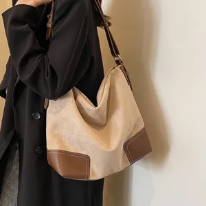 Large Capacity Suede PU Leather Patchwork Tote Hobo Bag For Women Contrast Stitching Adjustable Shoulder Strap Commuting Handbag