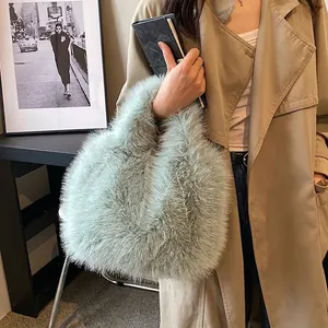 Women Faux Fur Plush Handbag Winter Warm Crescent Tote Shoulder Bag Soft Solid Color Casual Bag Fashion Gift For Lady