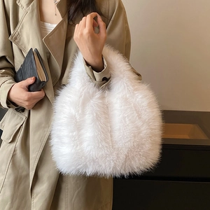 Chic white faux fur handbag for women with fluffy texture for autumn and winter outfits