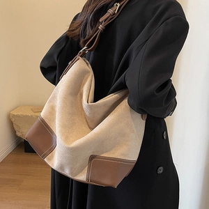 Large beige suede and brown leather tote bag with contrast stitching for women