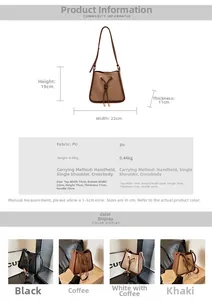 Detailed size specifications and material properties for the PU leather bucket bag