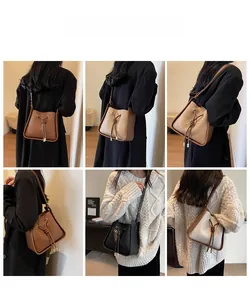 Detailed views of multi-color woven bucket bags shown in various crossbody wearing styles
