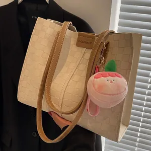 Women Large Capacity Tote Bag PU Leather Checkered Texture Shoulder Bag With Peach Plush Charm Casual Commuting Handbag