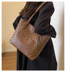 Brown checkered tote bag with magnetic flap pocket and long shoulder straps for women