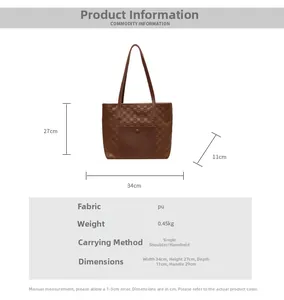 Size specifications of the large brown checkered tote bag with external pocket detail