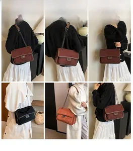 Detail shots of women's vintage quilted chain bags in burgundy, black, and caramel colors