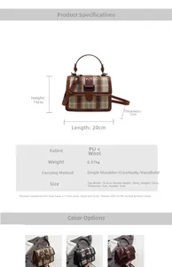 Size chart for women's tweed square bag with dimensions 20x15x7cm and material info