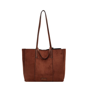 Large vintage brown faux suede tote bag with dual straps and matte textured finish