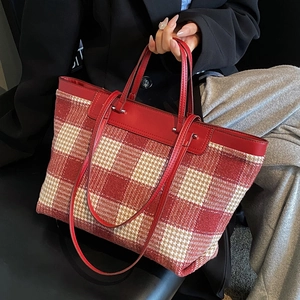 Large red and white plaid canvas tote bag with leather handles for women's daily commute