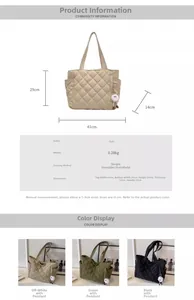 Size chart and color display for quilted nylon tote bag in cream, green and black colors