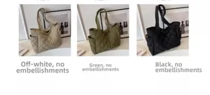 Nylon tote bag detail showing quilted diamond pattern and side pockets in three colors