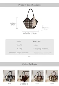 Detailed size chart and multi-color options for plaid fabric tote bag with dimensions