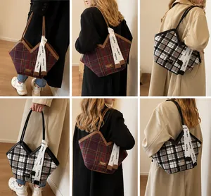 Detailed views of plaid tote bag with V-shaped opening and decorative ribbon