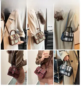 Detail view of plaid texture and leather trim on stylish mini crossbody square bags