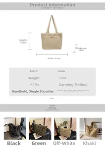 Detailed size specifications and color options for the large quilted nylon tote bag