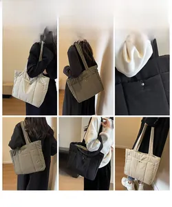 Multiple views of large quilted tote bags in beige, green, and black for daily commute