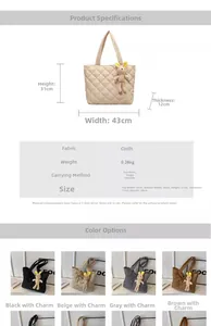 Detailed dimension chart and color options for large quilted nylon tote bag with bunny charm