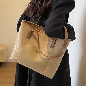 Beige large capacity plaid embossed tote bag with front pocket and brown leather straps