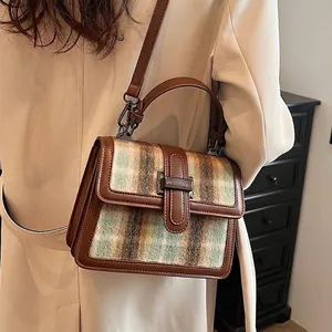 Women Vintage Plaid Tweed PU Leather Crossbody Bag Fashion Small Square Handbag With Adjustable Shoulder Strap For Autumn Winter