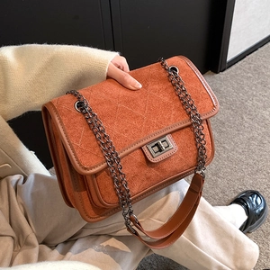 Quilted caramel chain shoulder bag in faux suede with a vintage metallic turn-lock