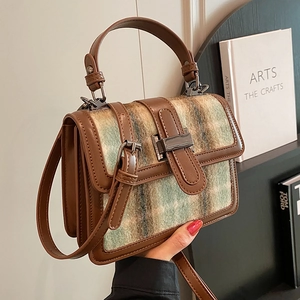 Retro plaid tweed handbag for women with brown faux leather trim and metallic buckle