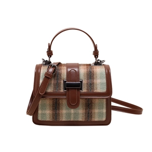 Chic brown faux leather and plaid wool patchwork crossbody handbag for women
