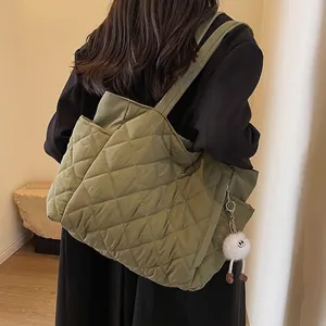 Women Quilted Tote Bag Large Capacity Nylon Padded Shoulder Bag With Plush Monster Charm Diamond Lattice Stitching Casual Commuter Handbag