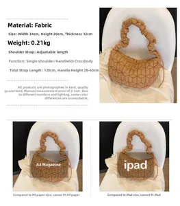 Detail of caramel quilted nylon cloud bag showing dimensions and ruched handle texture