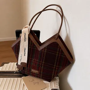 Large Capacity Plaid Woolen Tote Bag For Women Vintage V Opening Shoulder Bag With Decorative Ribbon Casual Commute Handbag