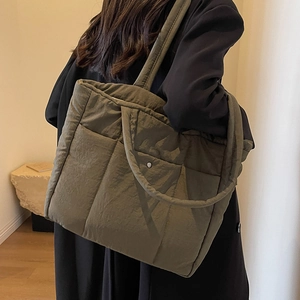 Olive green quilted puffer tote bag in durable nylon for women daily commuting