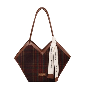 Large capacity plaid tote bag with brown leather straps and chic fabric ribbon detail